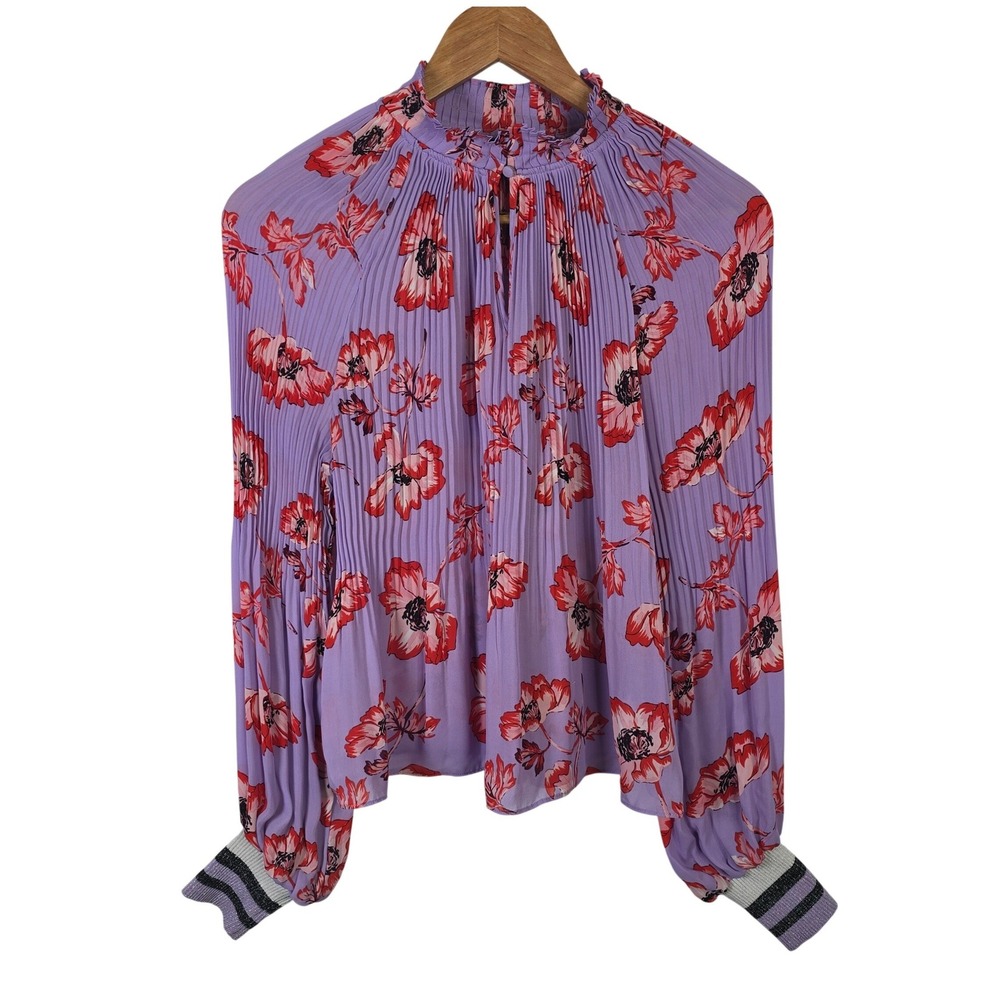 Belle‎ Vere Lavender Floral Pleated Blouse S/M Purple Red Poppy Ruffle Mock Neck